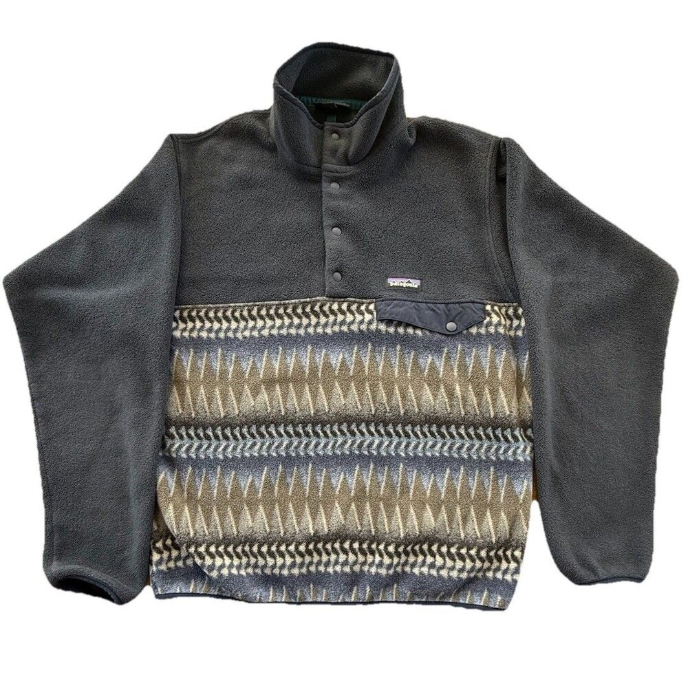 Patagonia Synchilla Snap T Fleece Men Sz S Bold Blue Grey Aztec Tribal Print EUC - Picture 2 of 12